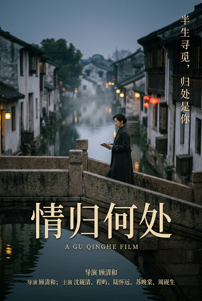 沈砚清立于老宅废墟前的半身像