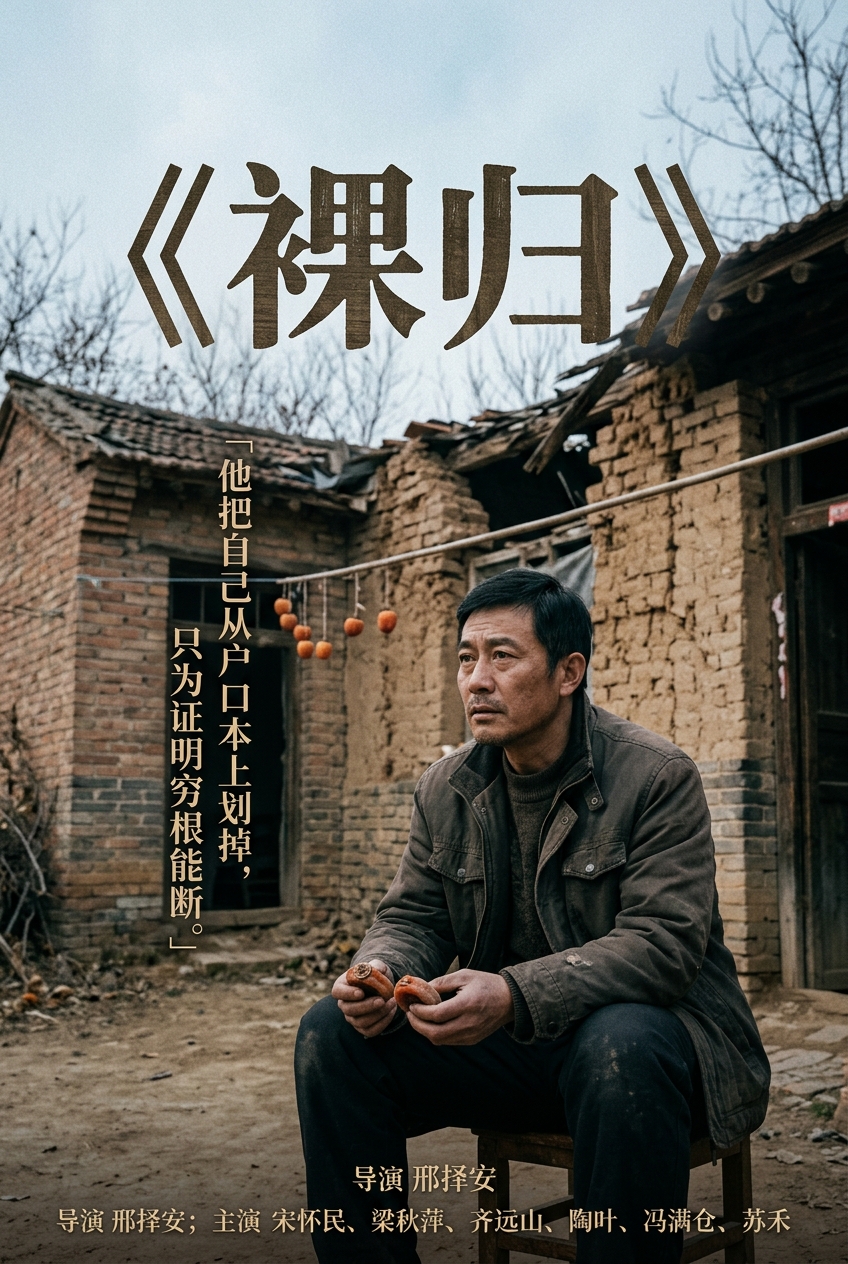 《裸归》主视觉：宋怀民站在塌了半边的老宅门框前